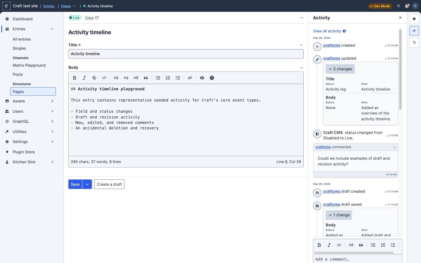 An entry’s activity timeline in Craft 6, showing field changes, a status change and a comment