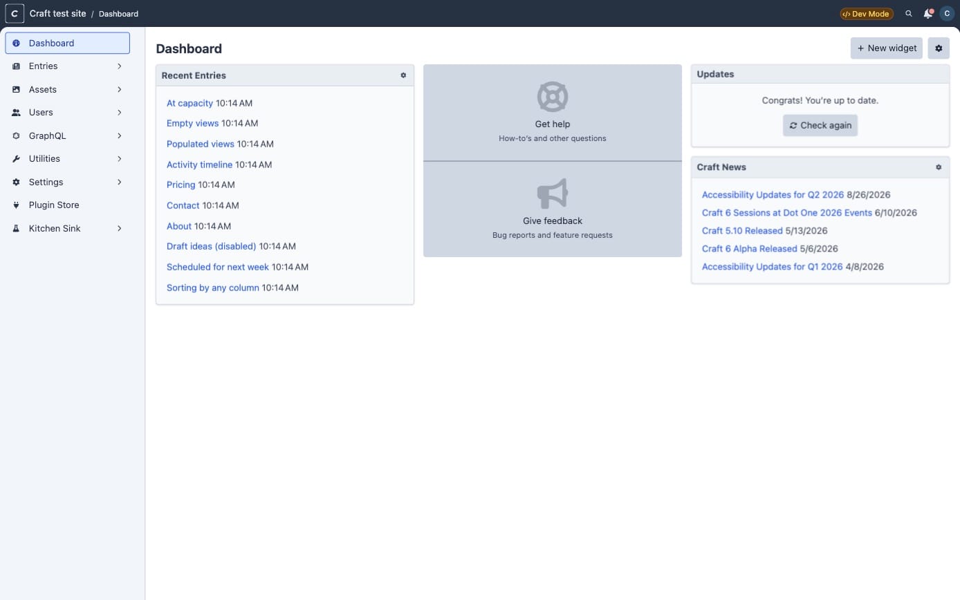 The Craft 6 dashboard with recent entries, help, updates and Craft news widgets