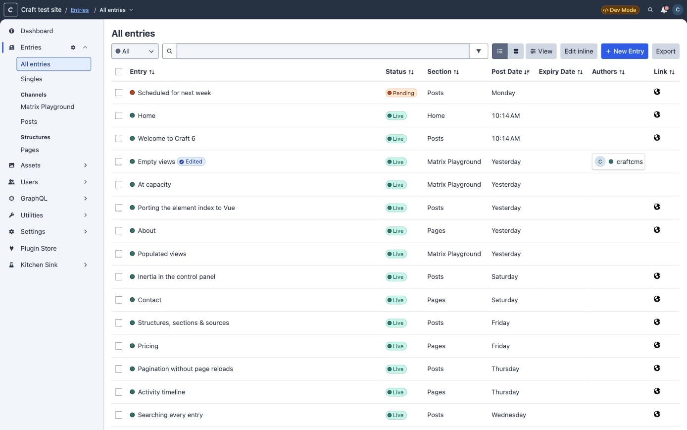 The Craft 6 entries index, listing entries with status, section, post date and author columns
