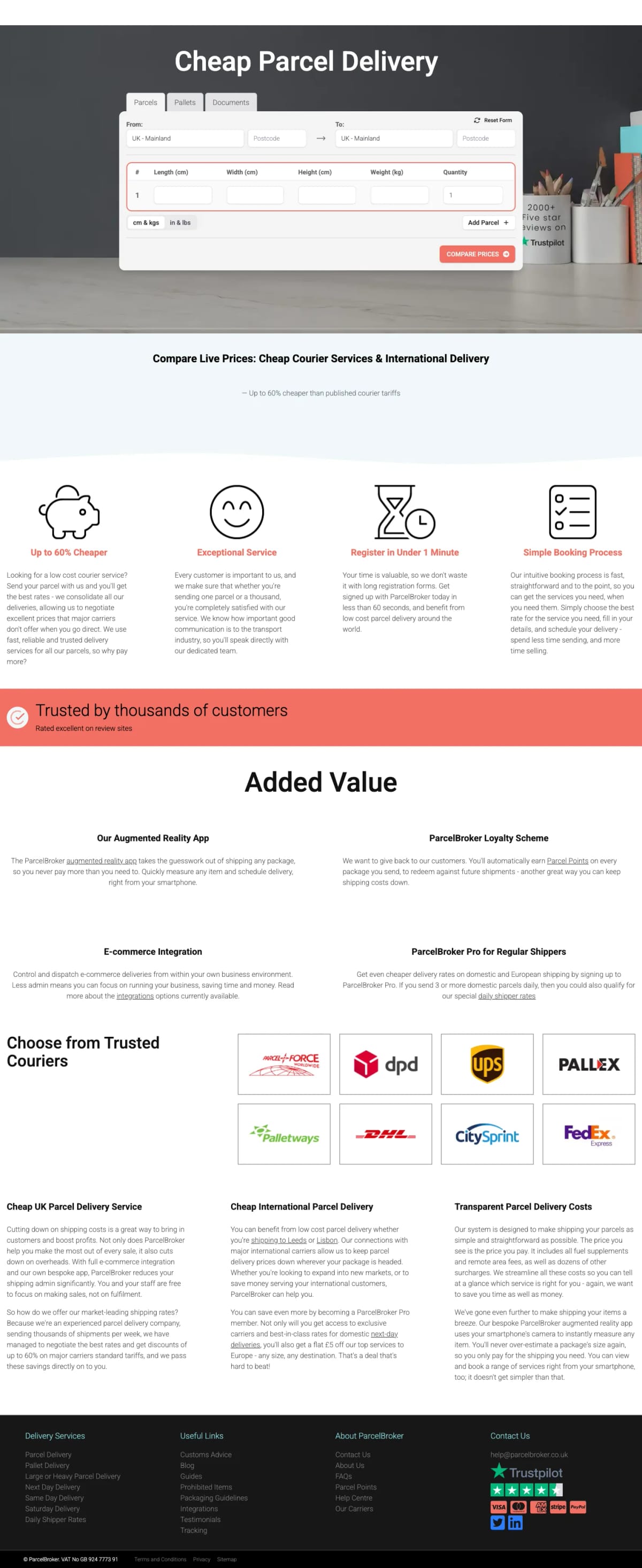 ParcelBroker homepage, full page screenshot
