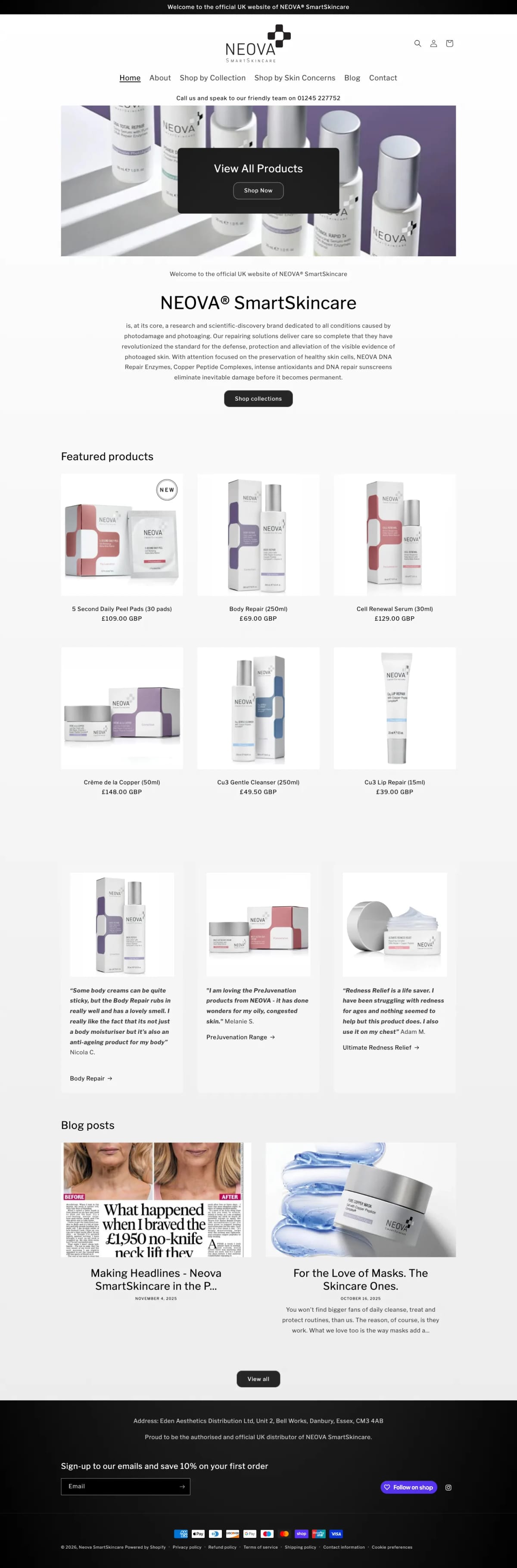 Neova SmartSkincare homepage, full page screenshot