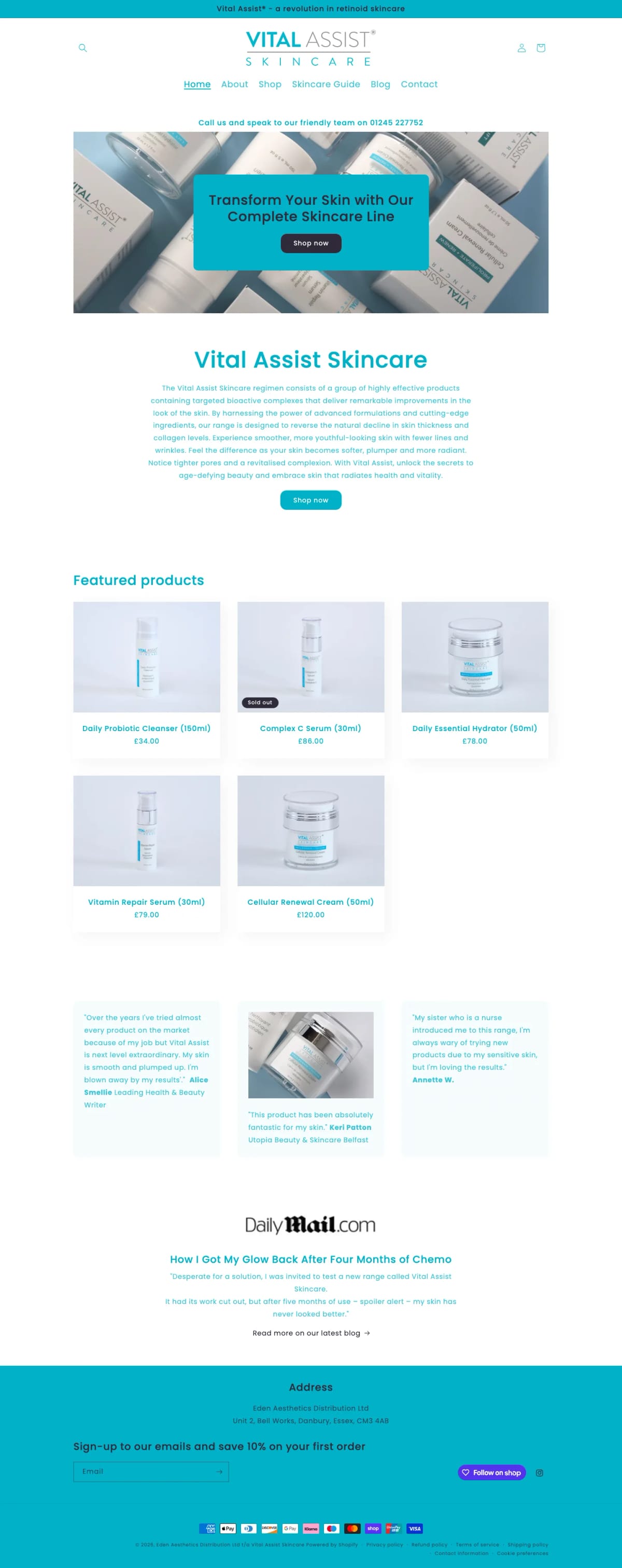 Vital Assist Skincare homepage, full page screenshot