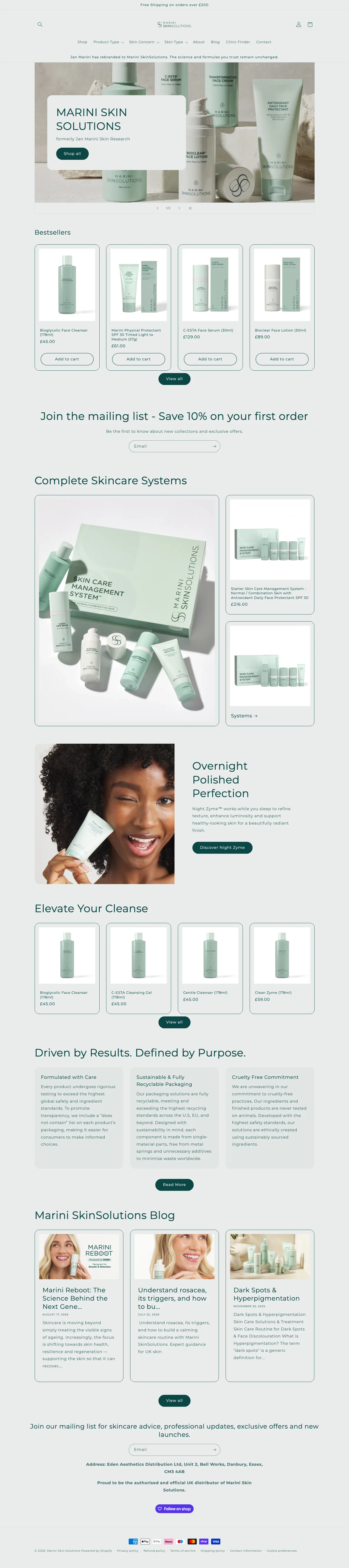 Marini Skin Solutions homepage, full page screenshot