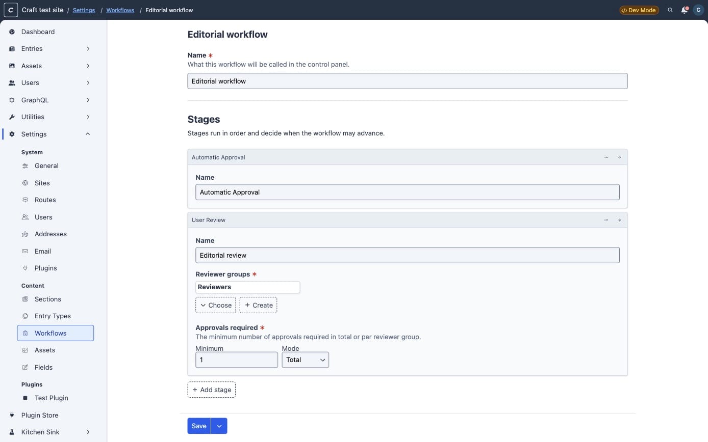Editing an approval workflow in Craft 6 settings, with an automatic approval stage followed by an editorial review stage